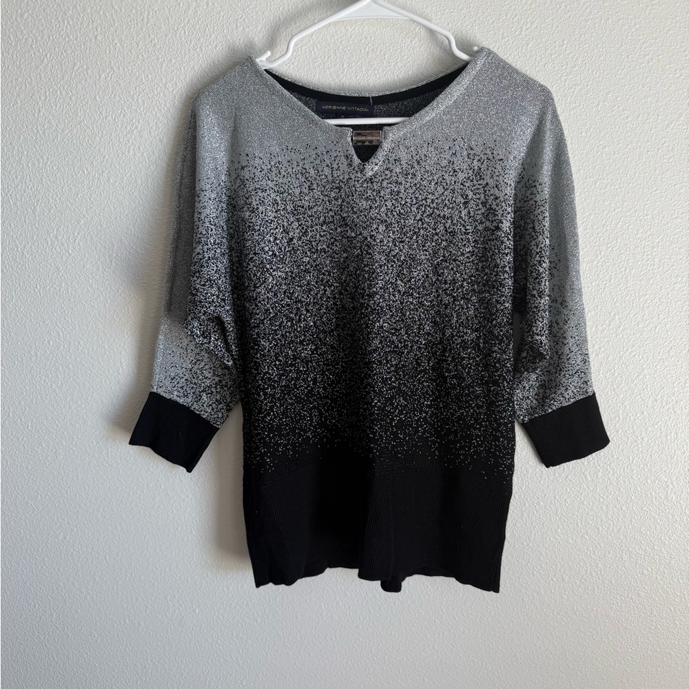 Adrienne Vittadini Black Silver Glitzer Metallic Ombre 3/4 Sleeve Sweater Med